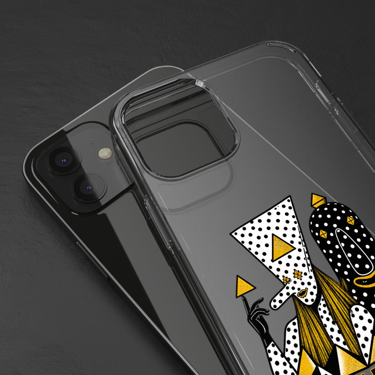 Clear Phone Case — Black & Gold Geometric Woman Design with "Angine de Poitrine" Text