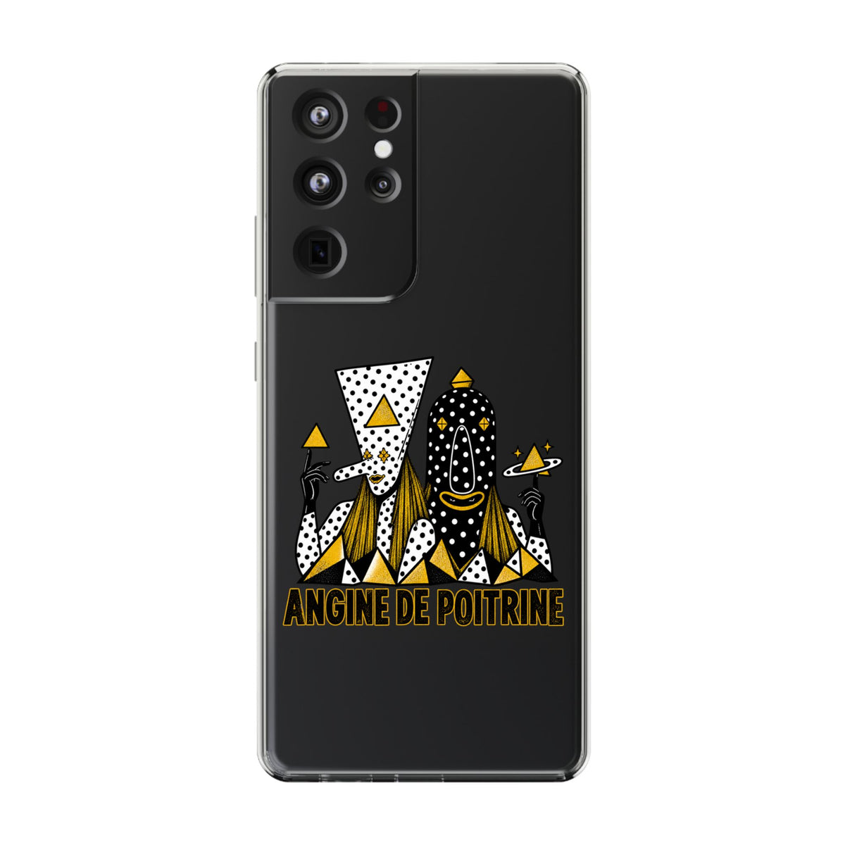 Clear Phone Case — Black & Gold Geometric Woman Design with "Angine de Poitrine" Text