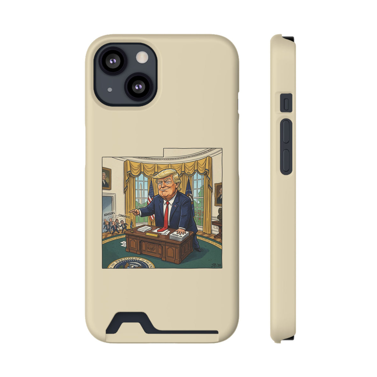 Trump Cartoon Oval Office Phone Case with Card Holder — Strong President Design