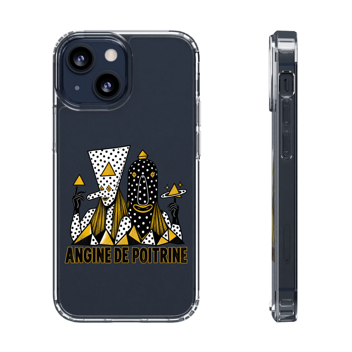 Clear Phone Case — Black & Gold Geometric Woman Design with "Angine de Poitrine" Text