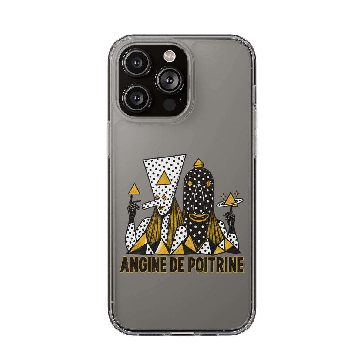 Clear Phone Case — Black & Gold Geometric Woman Design with "Angine de Poitrine" Text
