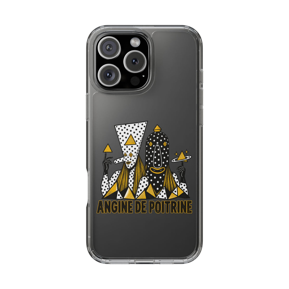 Clear Phone Case — Black & Gold Geometric Woman Design with "Angine de Poitrine" Text