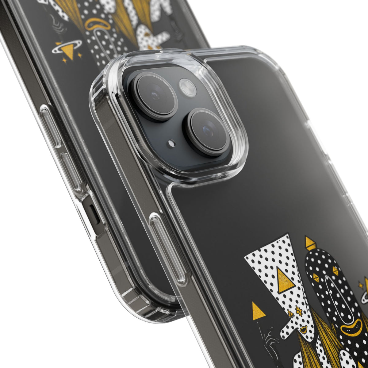 Clear Phone Case — Black & Gold Geometric Woman Design with "Angine de Poitrine" Text