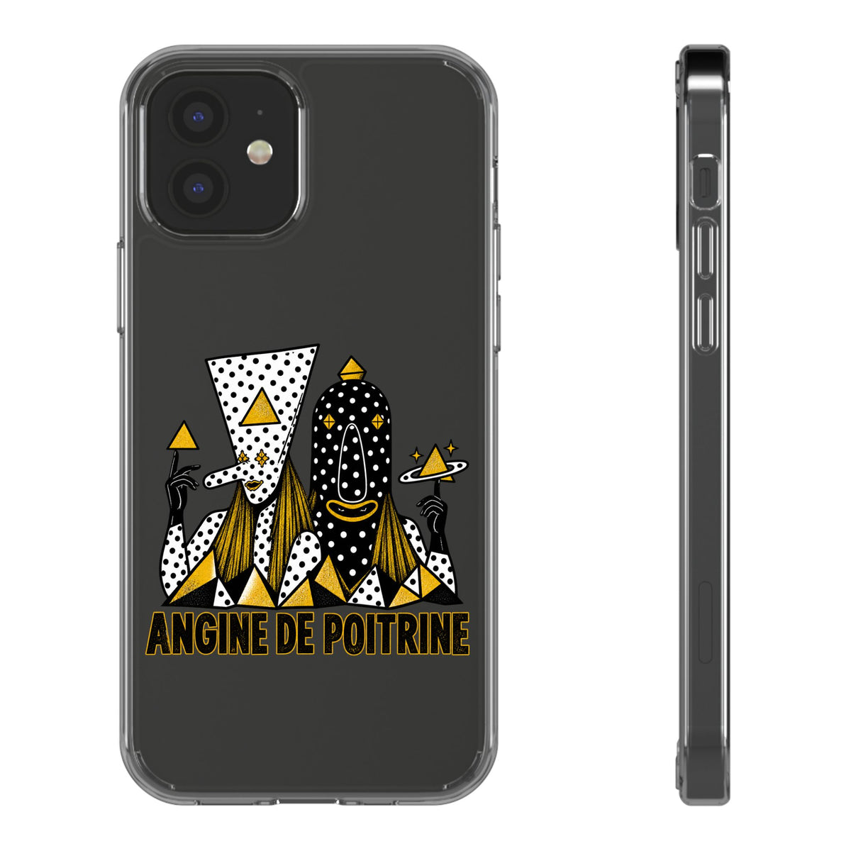 Clear Phone Case — Black & Gold Geometric Woman Design with "Angine de Poitrine" Text