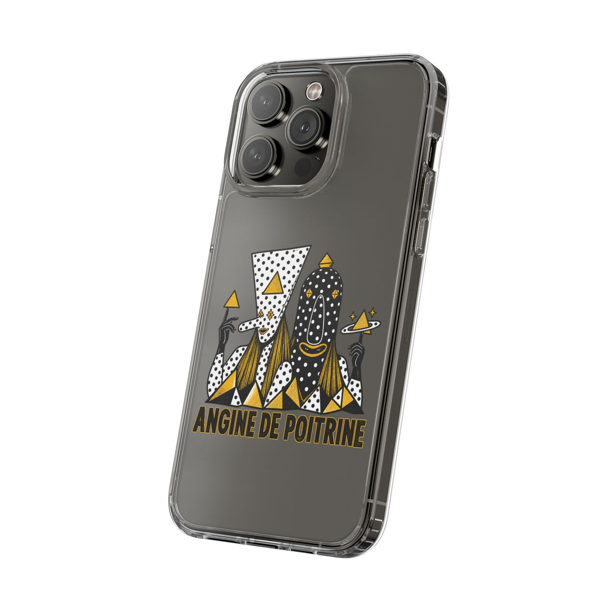 Clear Phone Case — Black & Gold Geometric Woman Design with "Angine de Poitrine" Text