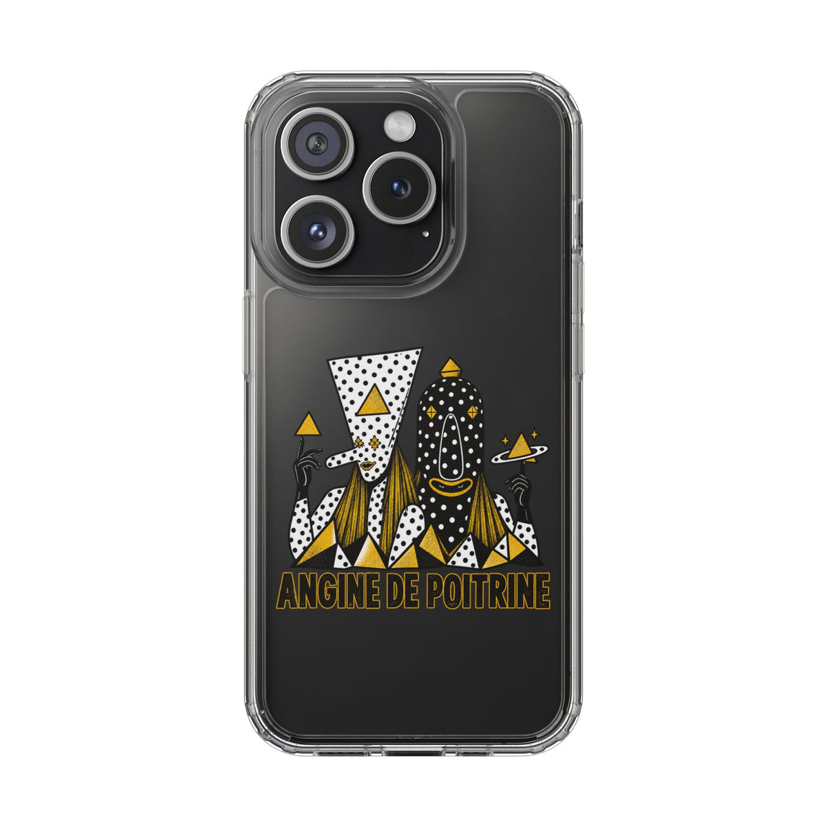Clear Phone Case — Black & Gold Geometric Woman Design with "Angine de Poitrine" Text