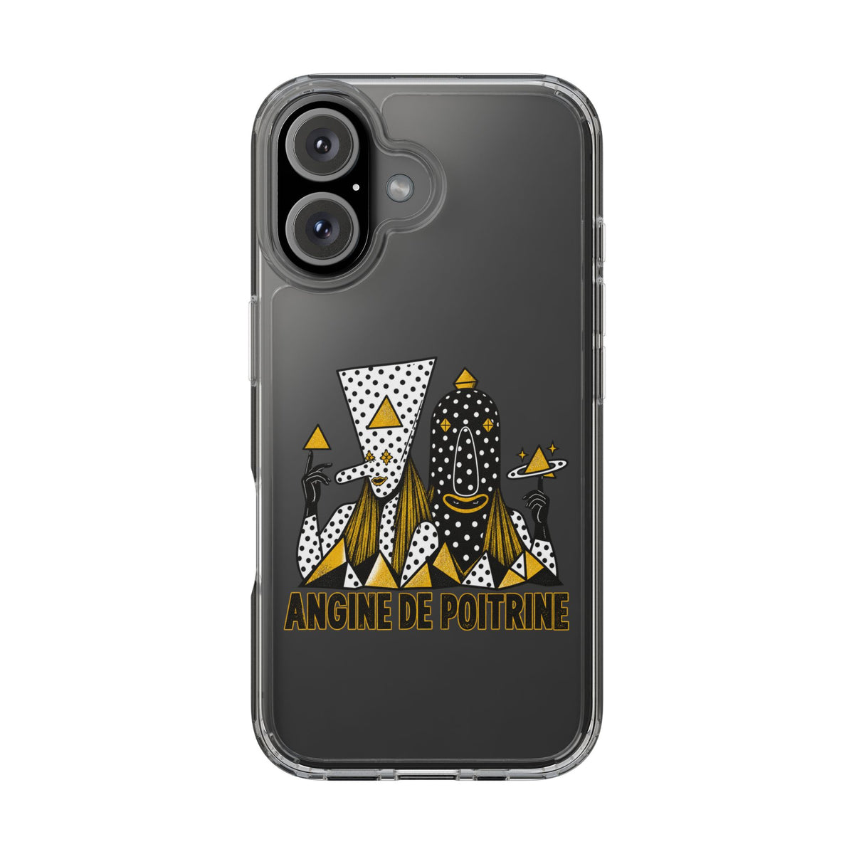 Clear Phone Case — Black & Gold Geometric Woman Design with "Angine de Poitrine" Text