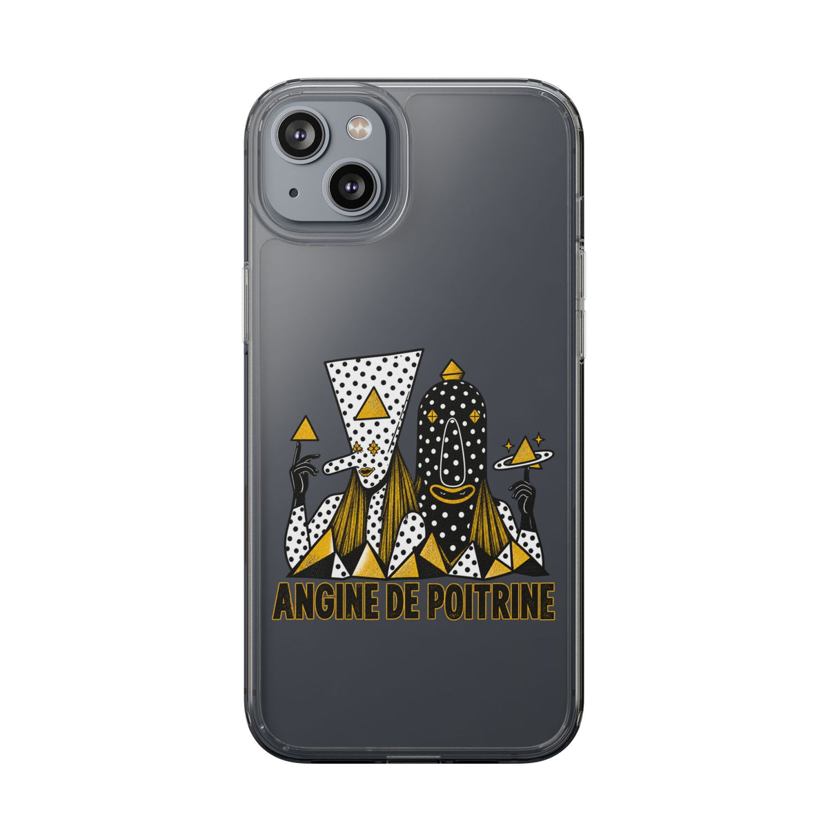 Clear Phone Case — Black & Gold Geometric Woman Design with "Angine de Poitrine" Text