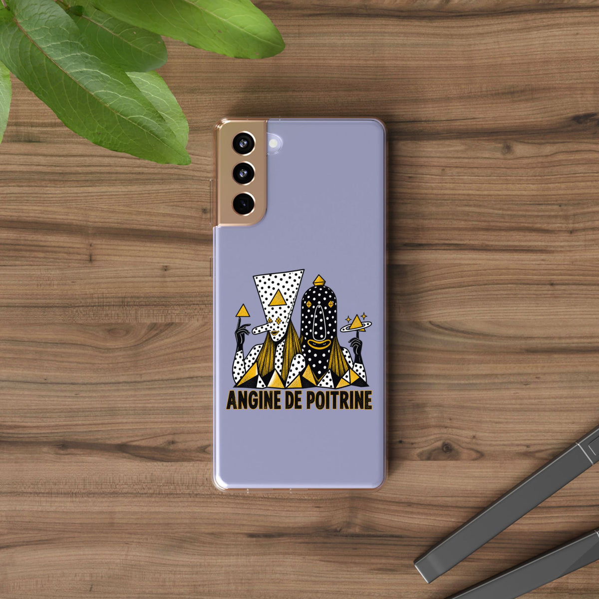 Clear Phone Case — Black & Gold Geometric Woman Design with "Angine de Poitrine" Text