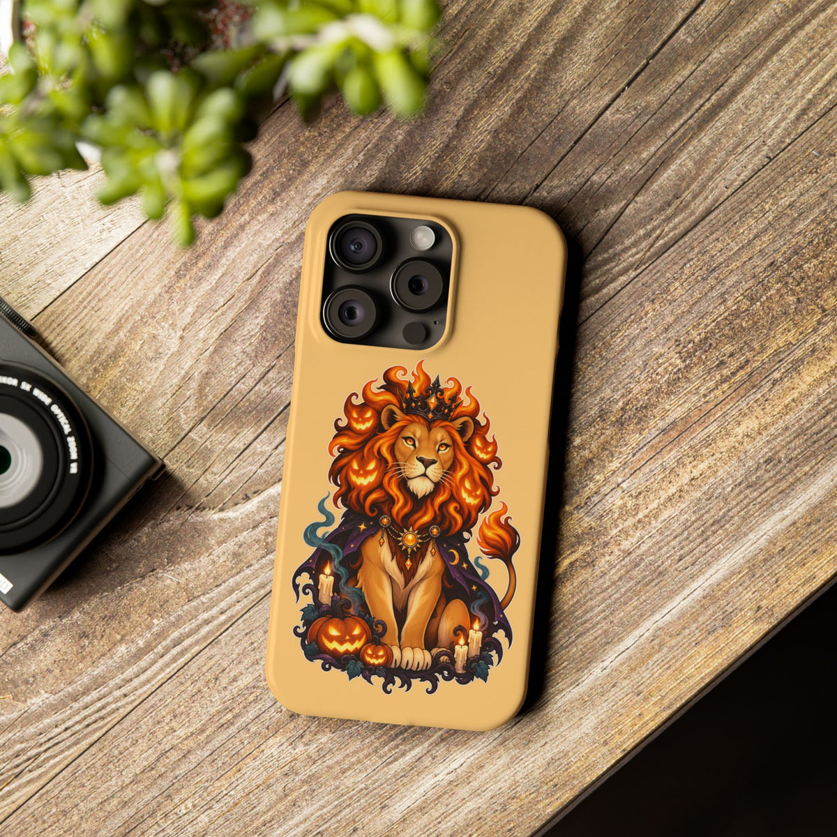 Leo Halloween Slim Phone Case — Regal Lion with Pumpkin & Candles