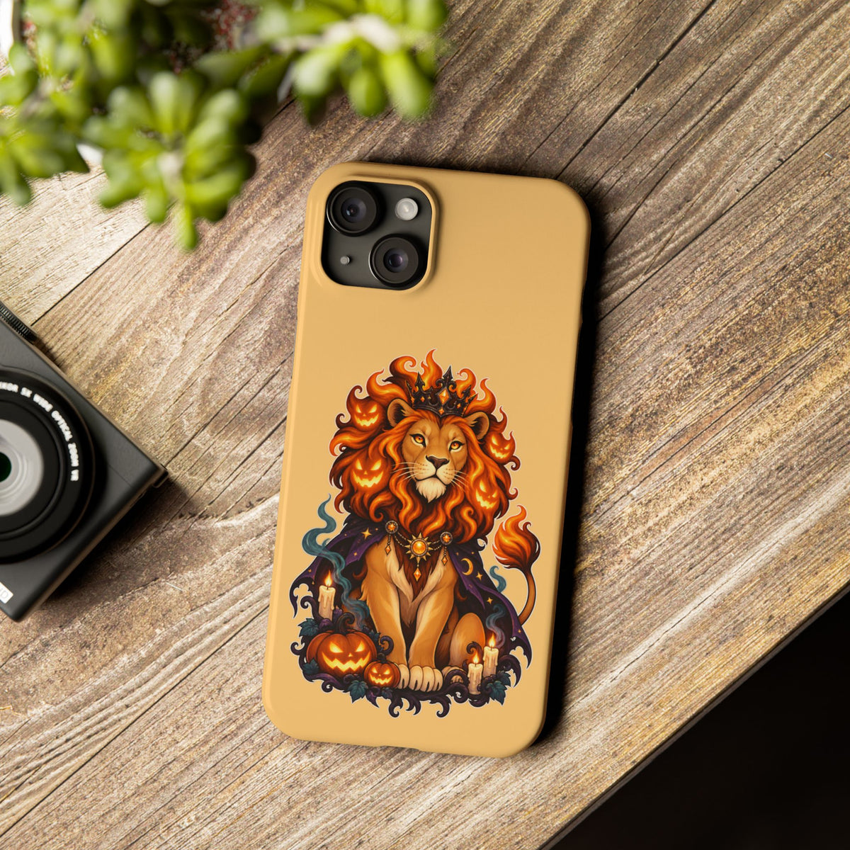 Leo Halloween Slim Phone Case — Regal Lion with Pumpkin & Candles