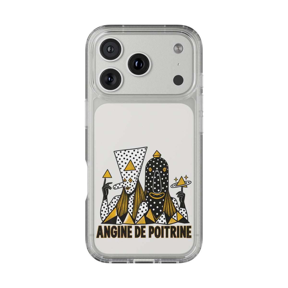 Clear Phone Case — Black & Gold Geometric Woman Design with "Angine de Poitrine" Text