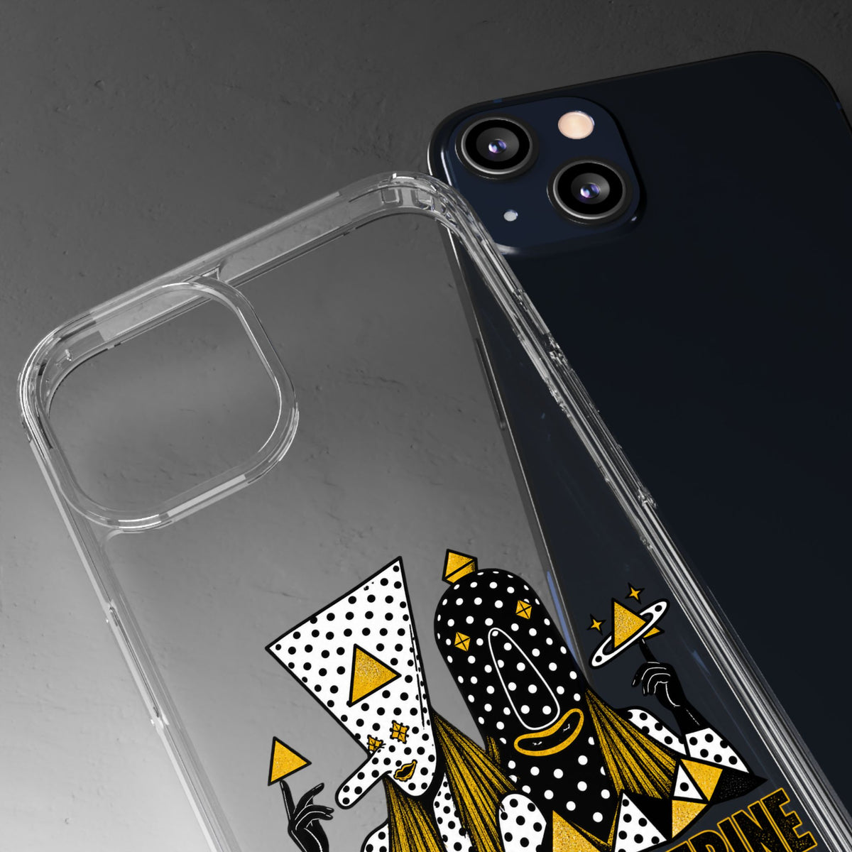 Clear Phone Case — Black & Gold Geometric Woman Design with "Angine de Poitrine" Text