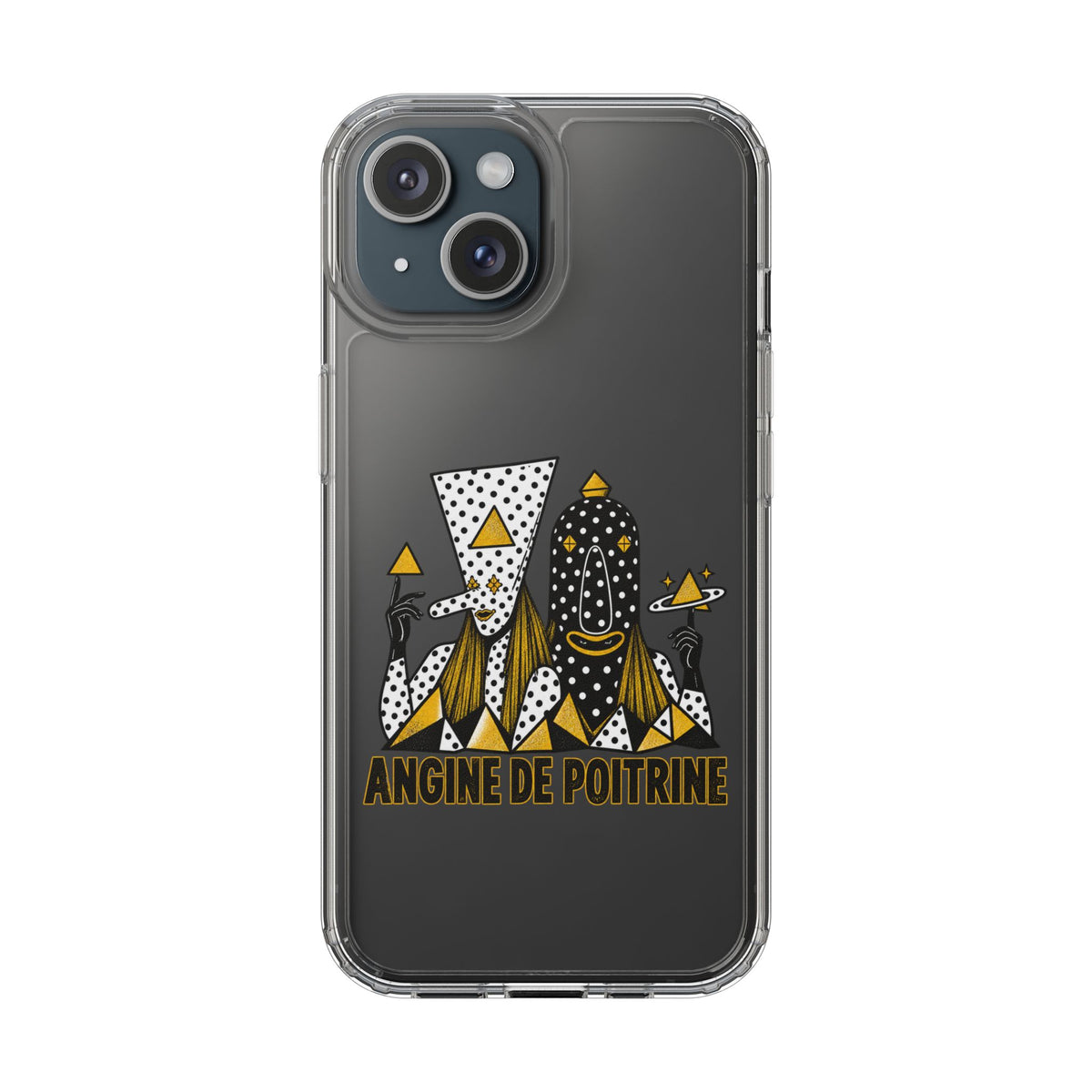 Clear Phone Case — Black & Gold Geometric Woman Design with "Angine de Poitrine" Text
