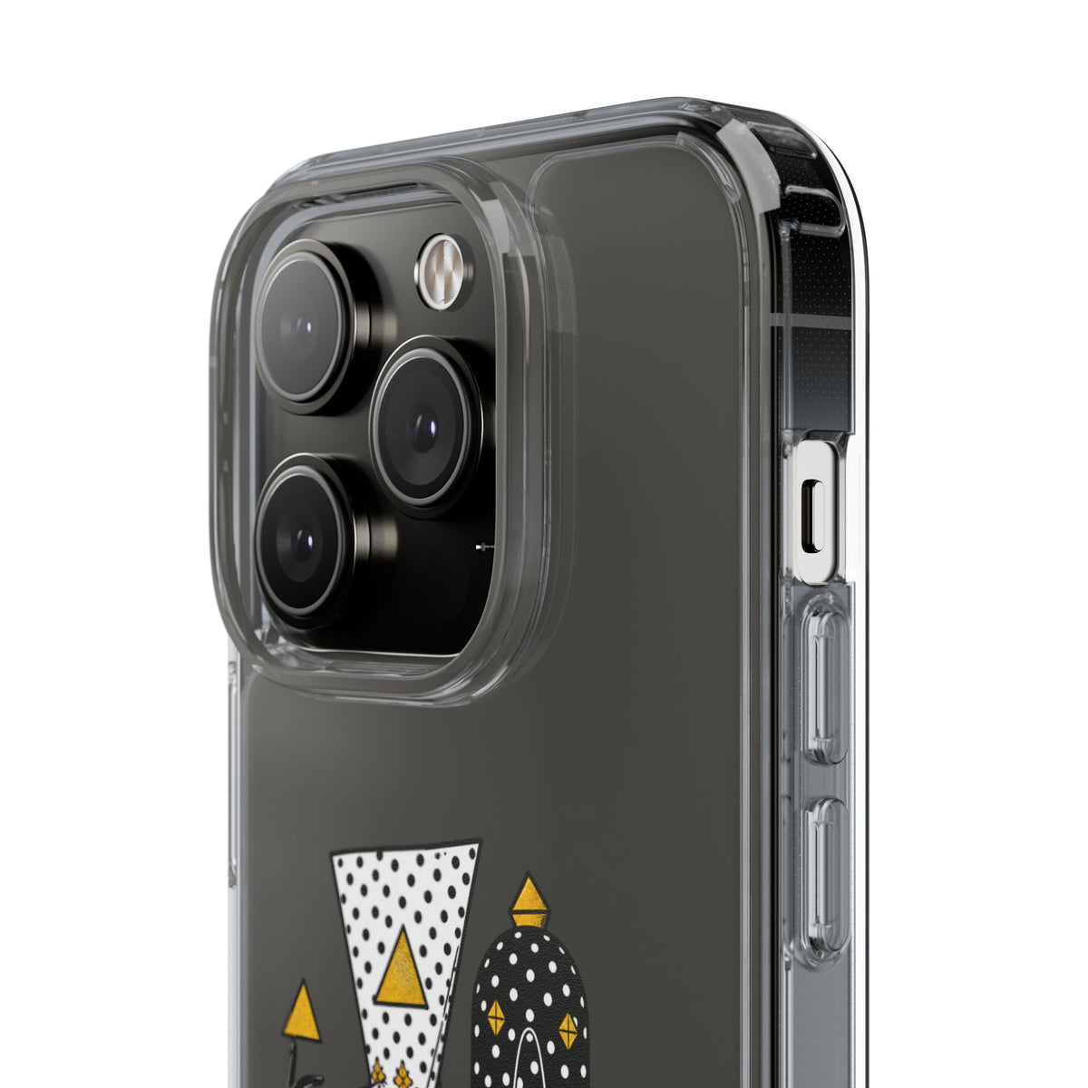 Clear Phone Case — Black & Gold Geometric Woman Design with "Angine de Poitrine" Text