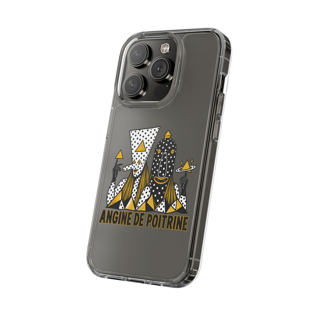 Clear Phone Case — Black & Gold Geometric Woman Design with "Angine de Poitrine" Text