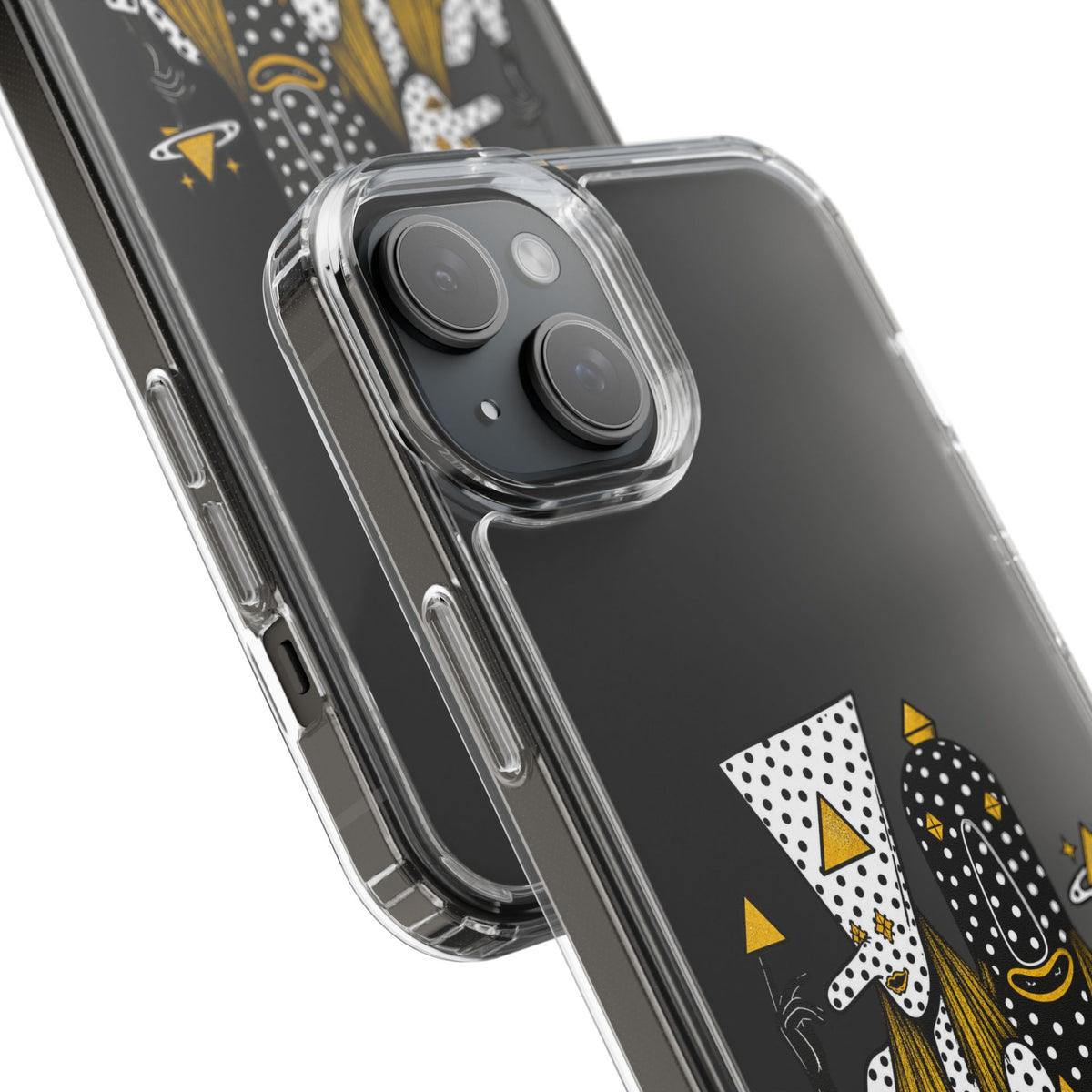 Clear Phone Case — Black & Gold Geometric Woman Design with "Angine de Poitrine" Text
