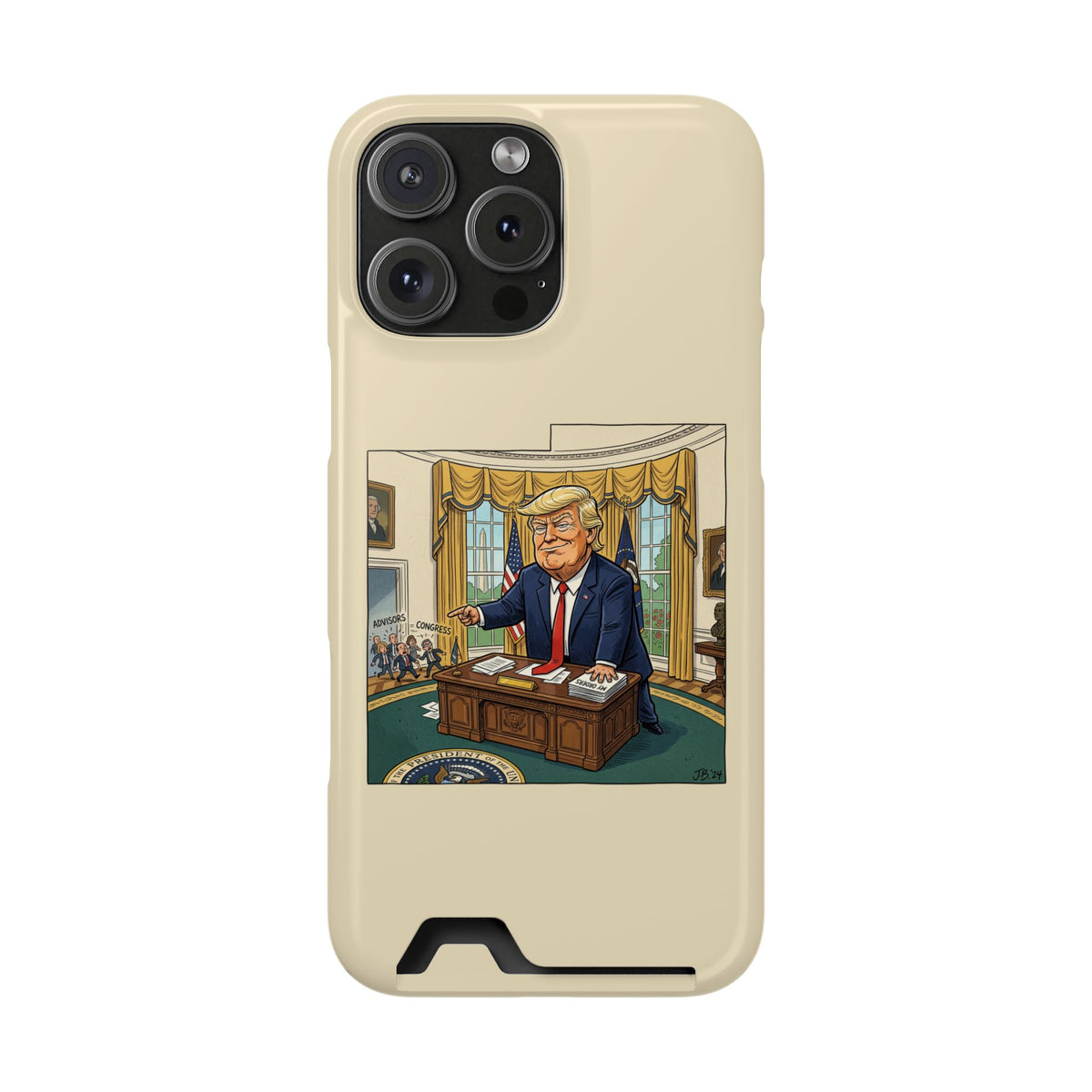 Trump Cartoon Oval Office Phone Case with Card Holder — Strong President Design