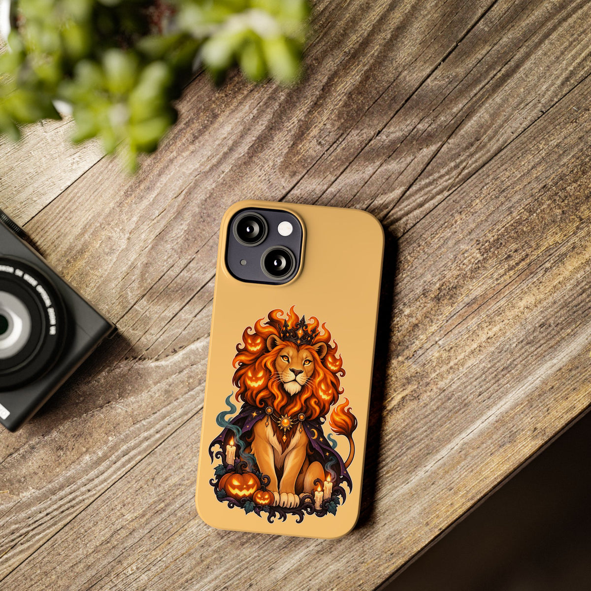 Leo Halloween Slim Phone Case — Regal Lion with Pumpkin & Candles