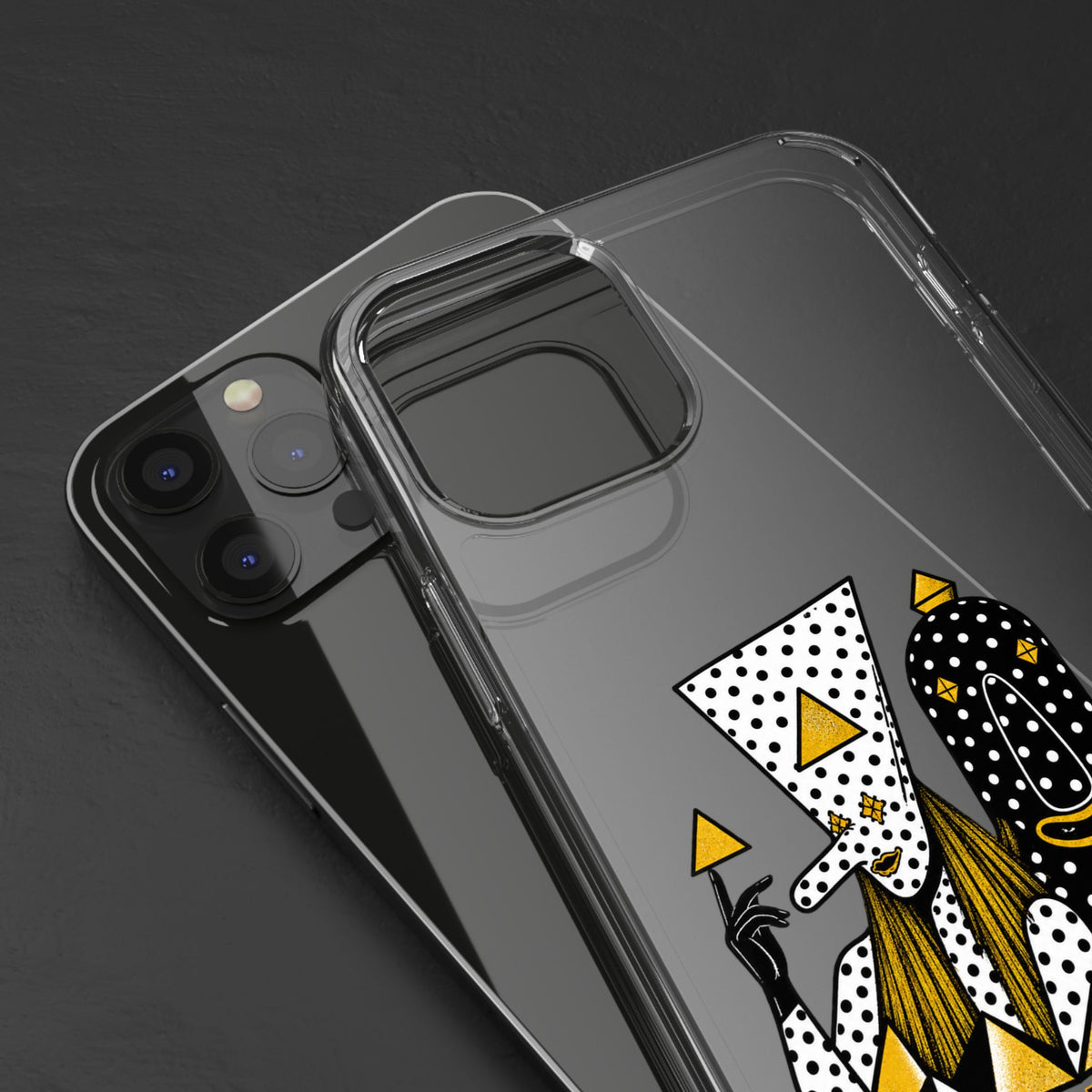 Clear Phone Case — Black & Gold Geometric Woman Design with "Angine de Poitrine" Text