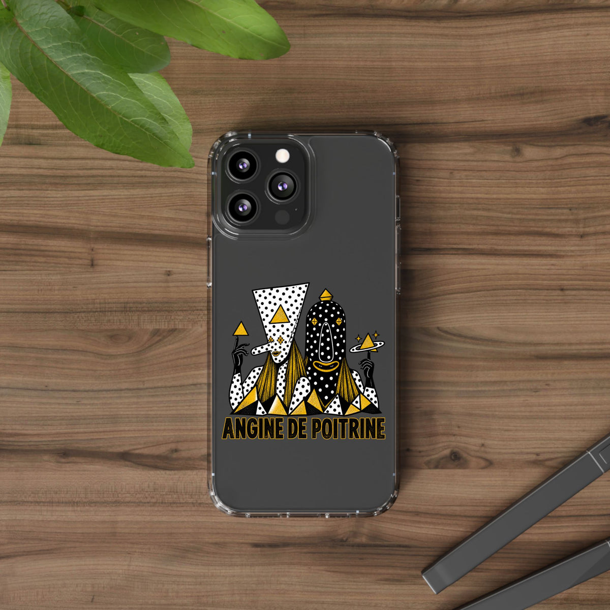 Clear Phone Case — Black & Gold Geometric Woman Design with "Angine de Poitrine" Text