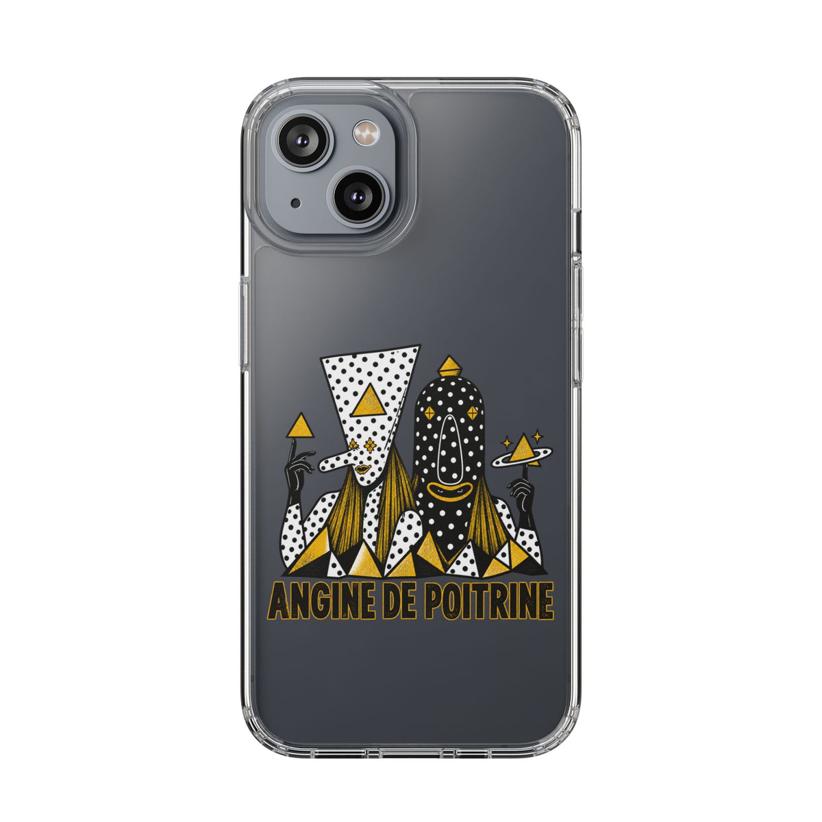 Clear Phone Case — Black & Gold Geometric Woman Design with "Angine de Poitrine" Text