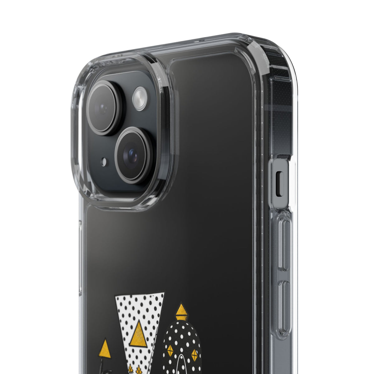 Clear Phone Case — Black & Gold Geometric Woman Design with "Angine de Poitrine" Text