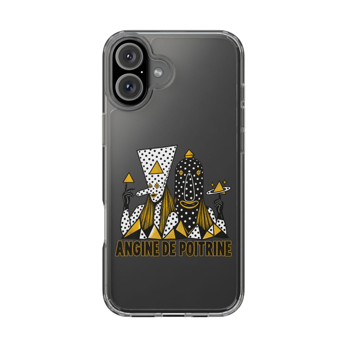 Clear Phone Case — Black & Gold Geometric Woman Design with "Angine de Poitrine" Text