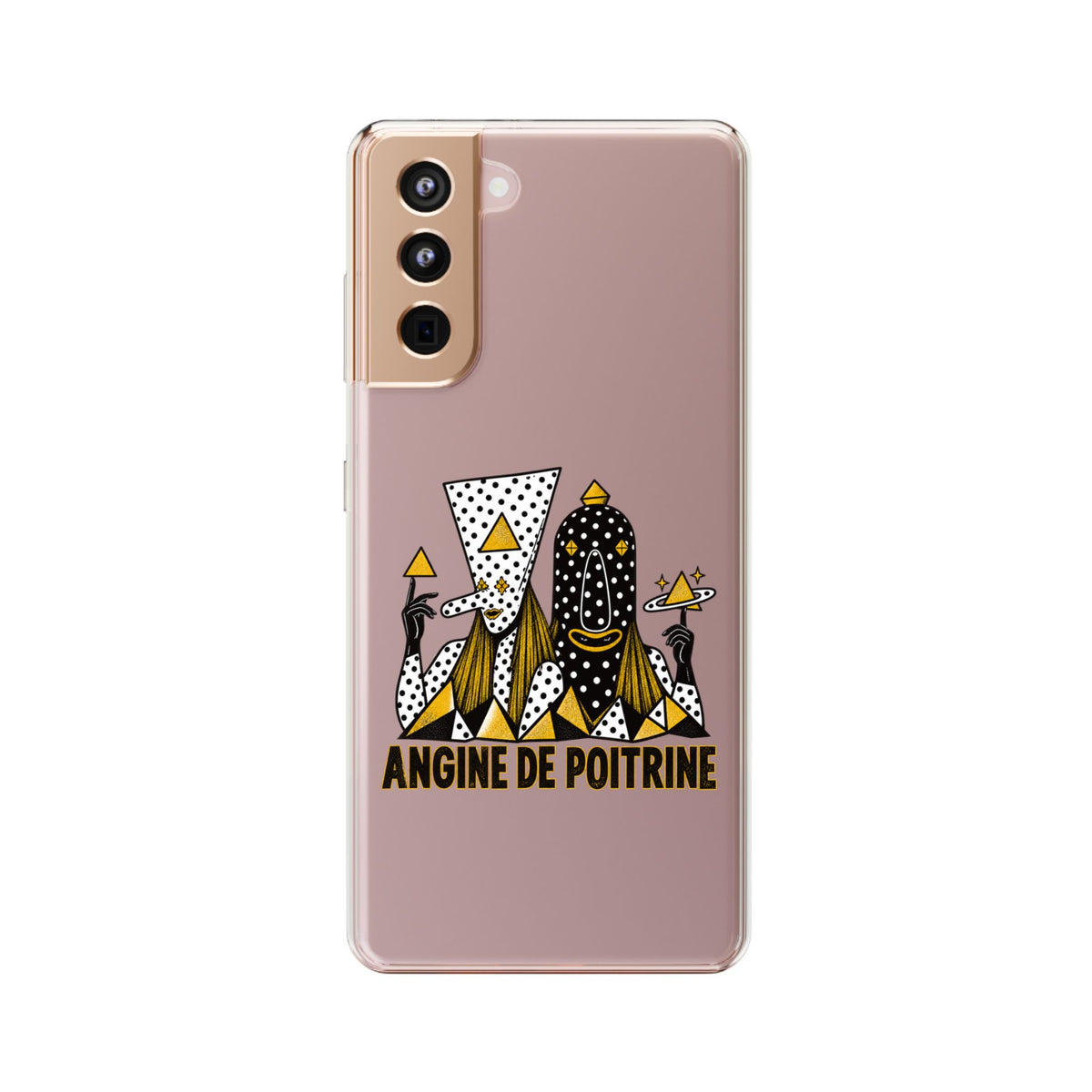 Clear Phone Case — Black & Gold Geometric Woman Design with "Angine de Poitrine" Text