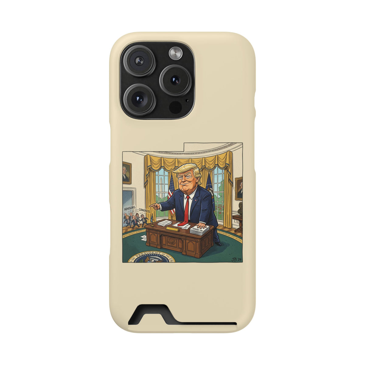 Trump Cartoon Oval Office Phone Case with Card Holder — Strong President Design
