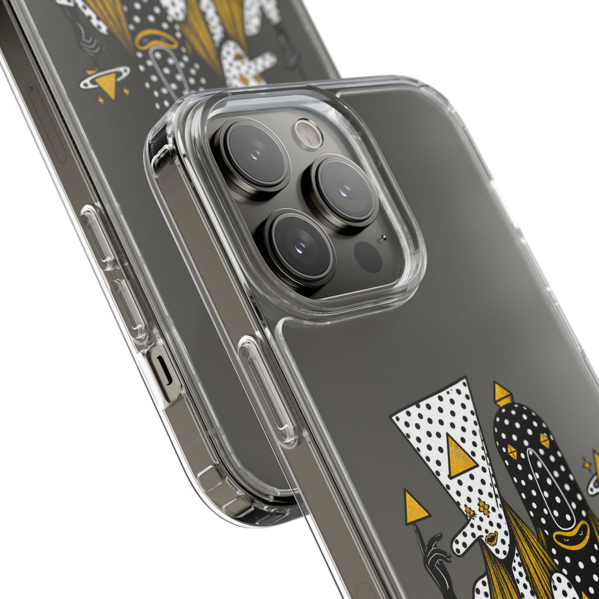 Clear Phone Case — Black & Gold Geometric Woman Design with "Angine de Poitrine" Text