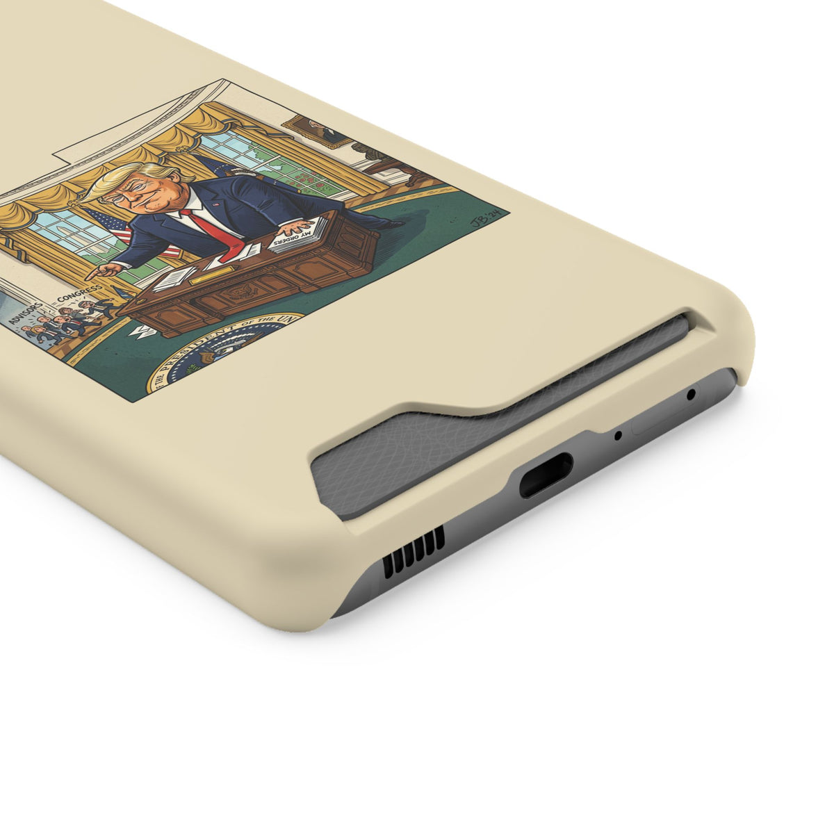 Trump Cartoon Oval Office Phone Case with Card Holder — Strong President Design
