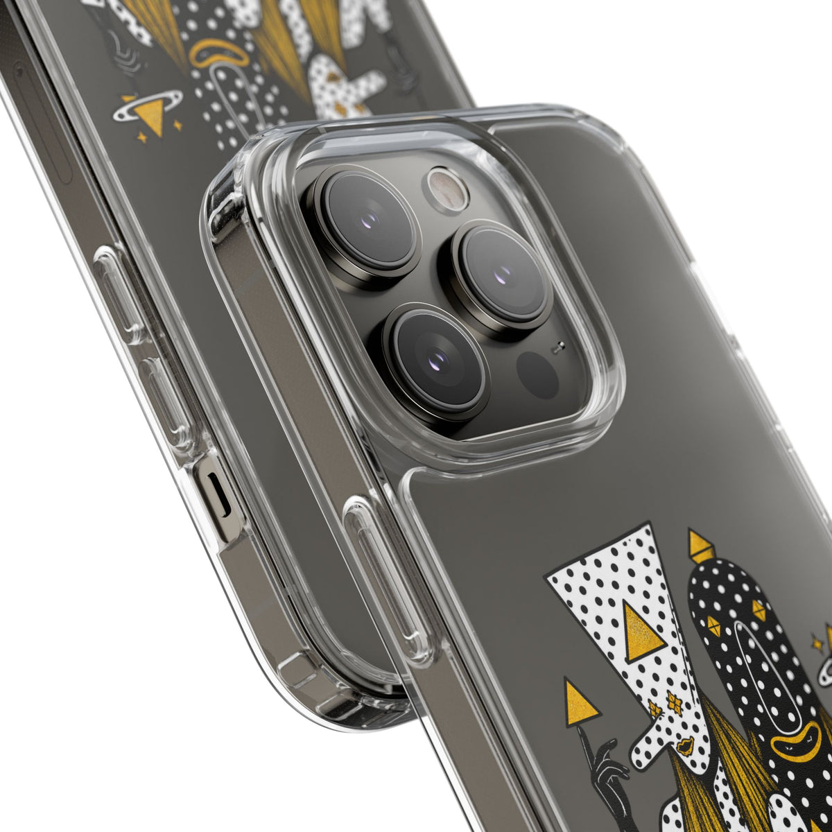 Clear Phone Case — Black & Gold Geometric Woman Design with "Angine de Poitrine" Text
