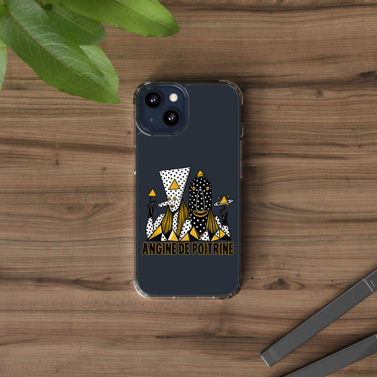 Clear Phone Case — Black & Gold Geometric Woman Design with "Angine de Poitrine" Text