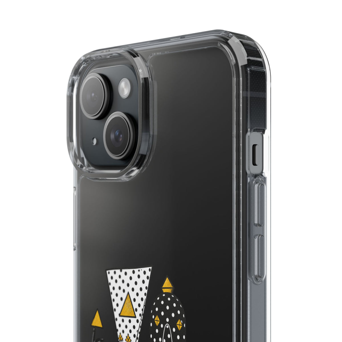 Clear Phone Case — Black & Gold Geometric Woman Design with "Angine de Poitrine" Text