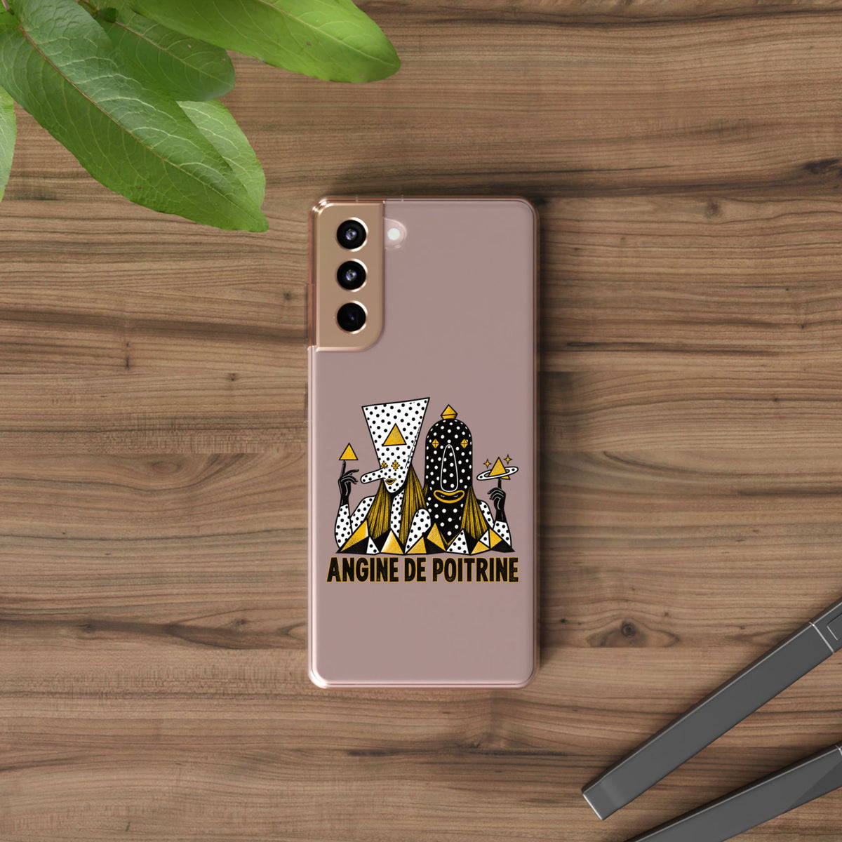 Clear Phone Case — Black & Gold Geometric Woman Design with "Angine de Poitrine" Text