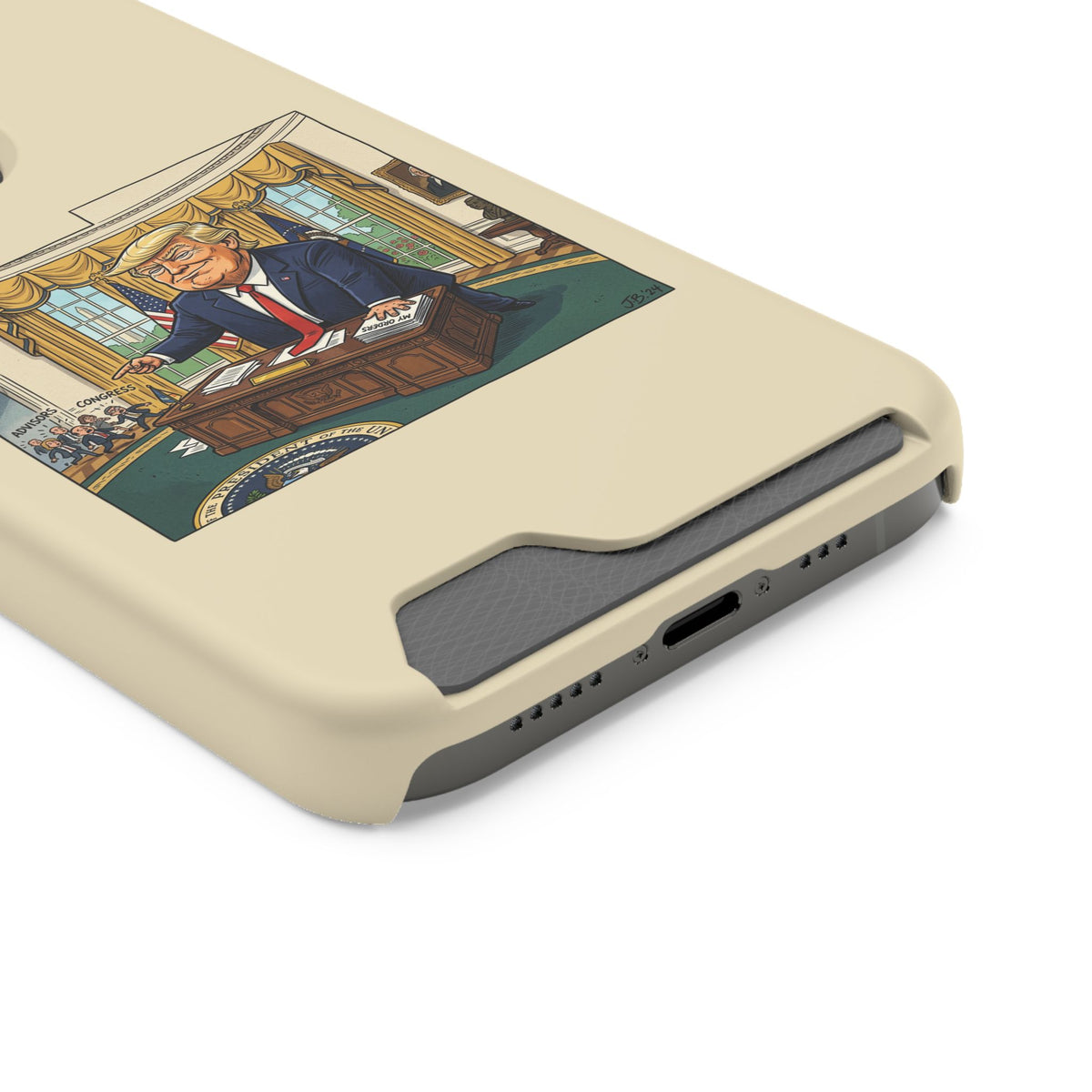 Trump Cartoon Oval Office Phone Case with Card Holder — Strong President Design