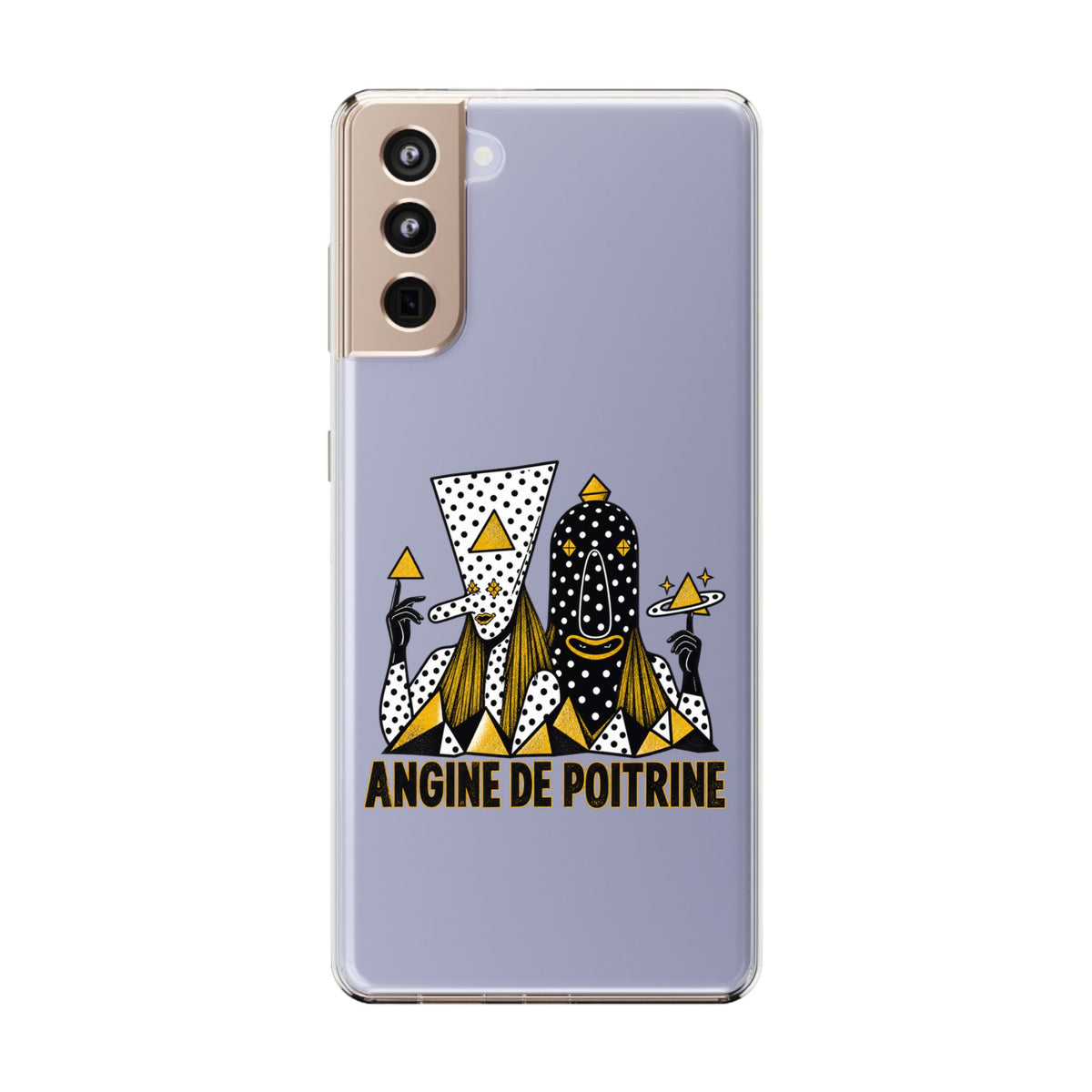 Clear Phone Case — Black & Gold Geometric Woman Design with "Angine de Poitrine" Text