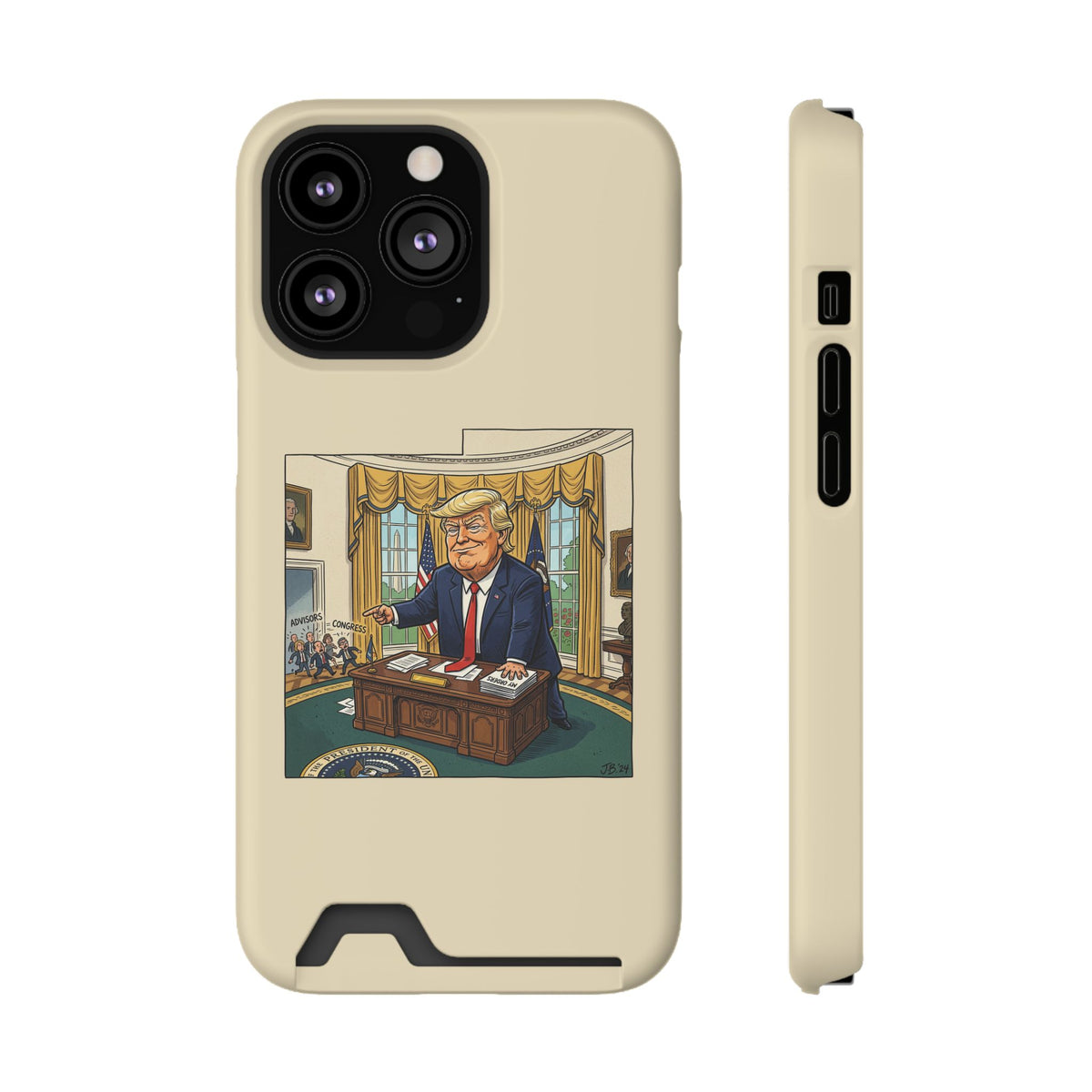 Trump Cartoon Oval Office Phone Case with Card Holder — Strong President Design