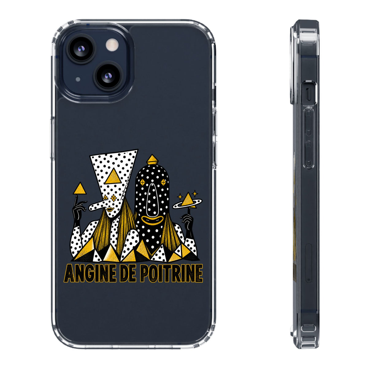 Clear Phone Case — Black & Gold Geometric Woman Design with "Angine de Poitrine" Text