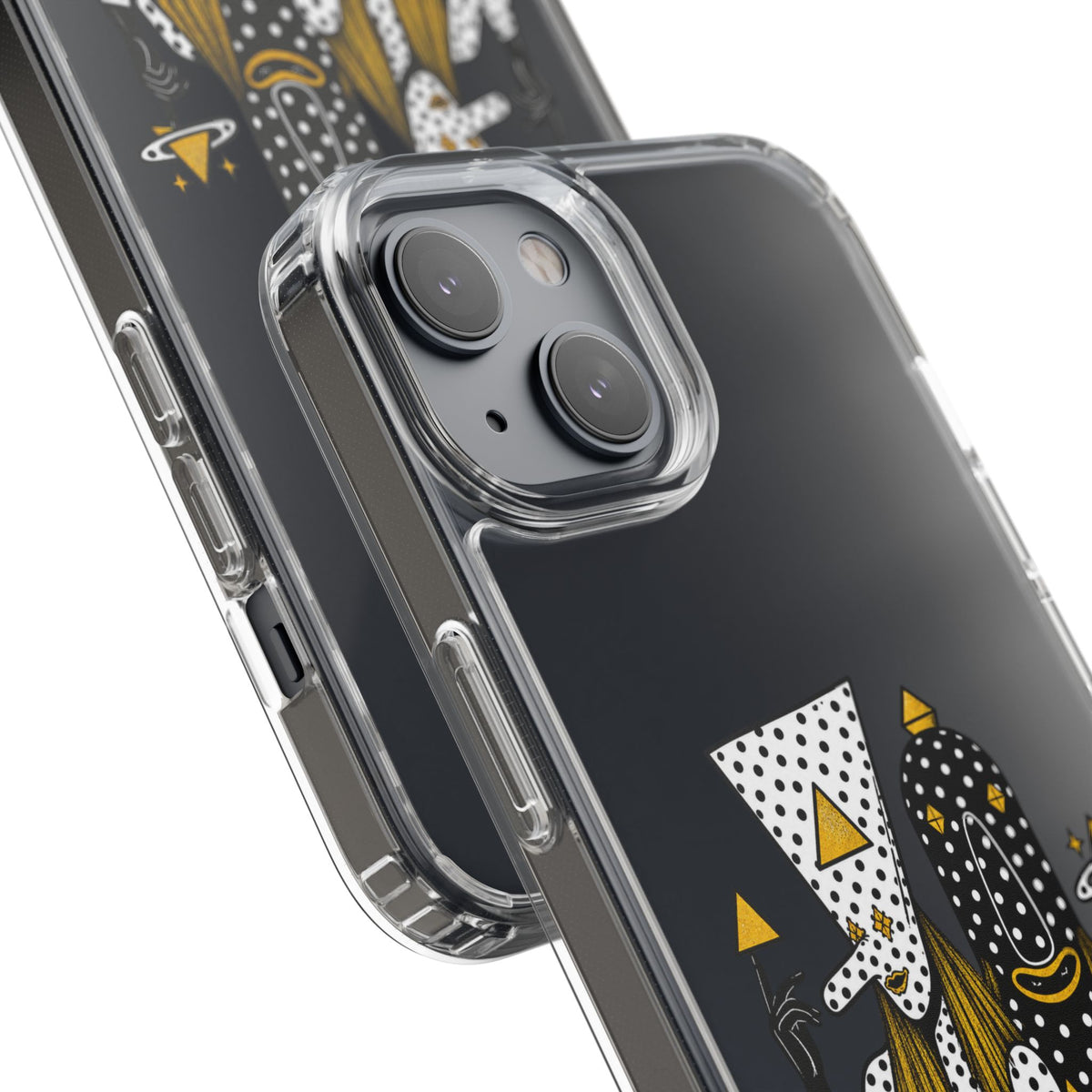 Clear Phone Case — Black & Gold Geometric Woman Design with "Angine de Poitrine" Text