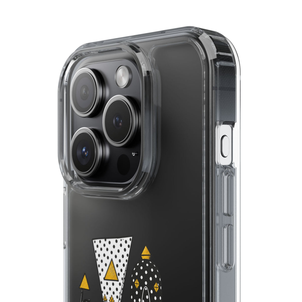 Clear Phone Case — Black & Gold Geometric Woman Design with "Angine de Poitrine" Text