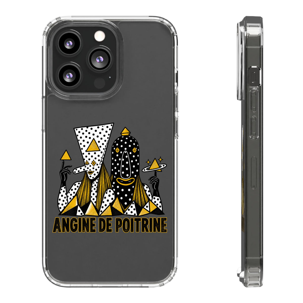 Clear Phone Case — Black & Gold Geometric Woman Design with "Angine de Poitrine" Text