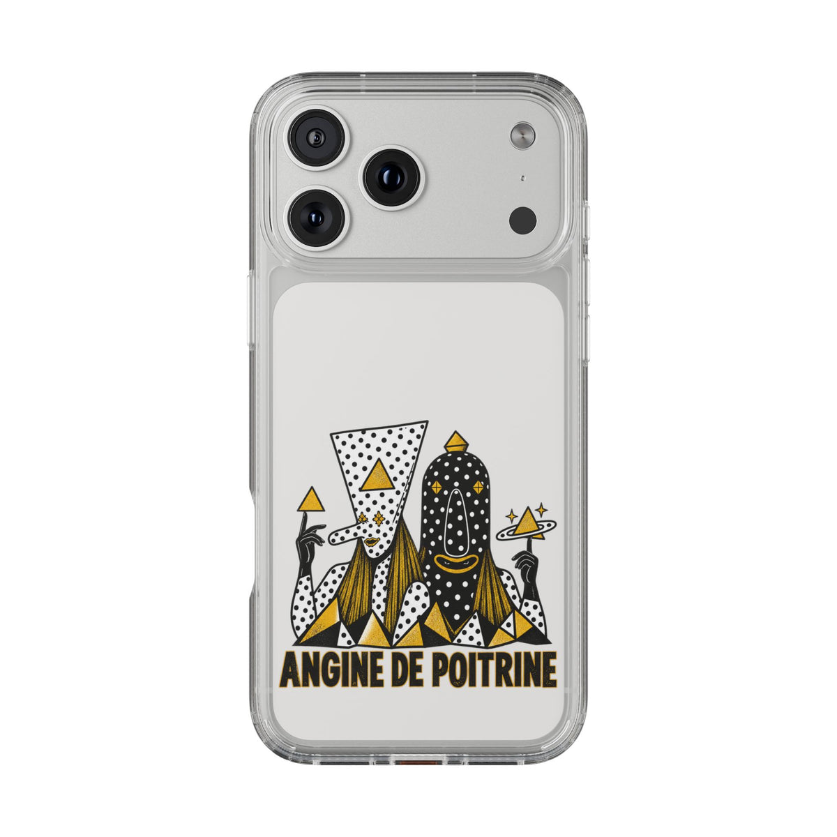 Clear Phone Case — Black & Gold Geometric Woman Design with "Angine de Poitrine" Text