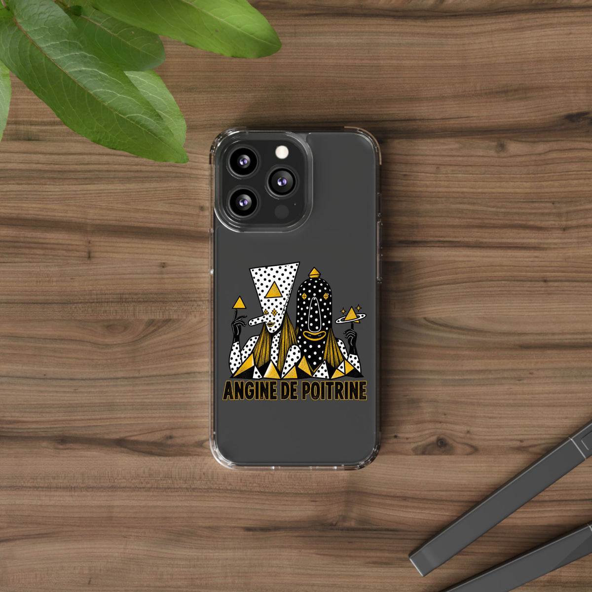 Clear Phone Case — Black & Gold Geometric Woman Design with "Angine de Poitrine" Text