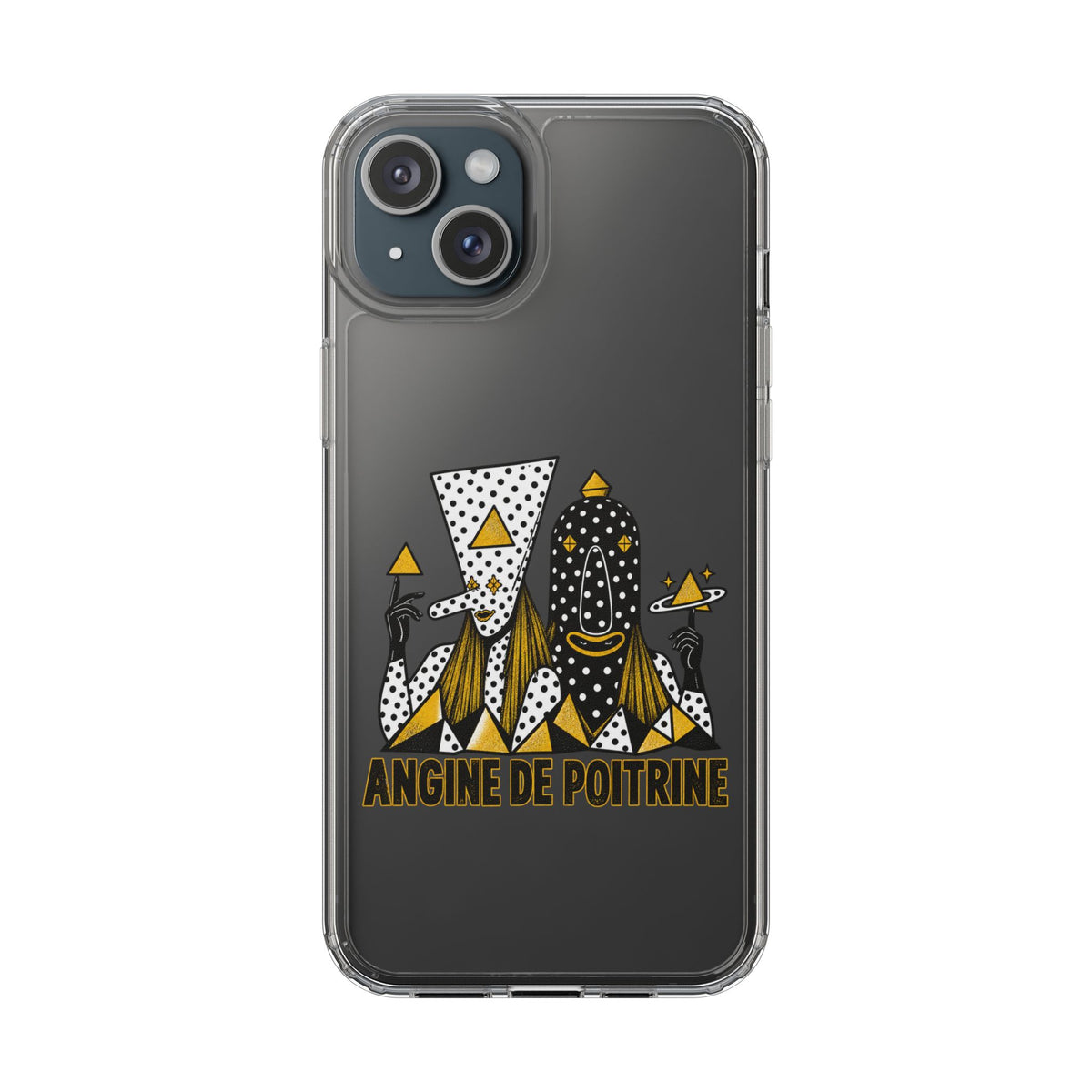 Clear Phone Case — Black & Gold Geometric Woman Design with "Angine de Poitrine" Text
