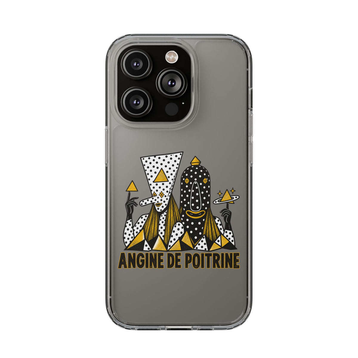 Clear Phone Case — Black & Gold Geometric Woman Design with "Angine de Poitrine" Text