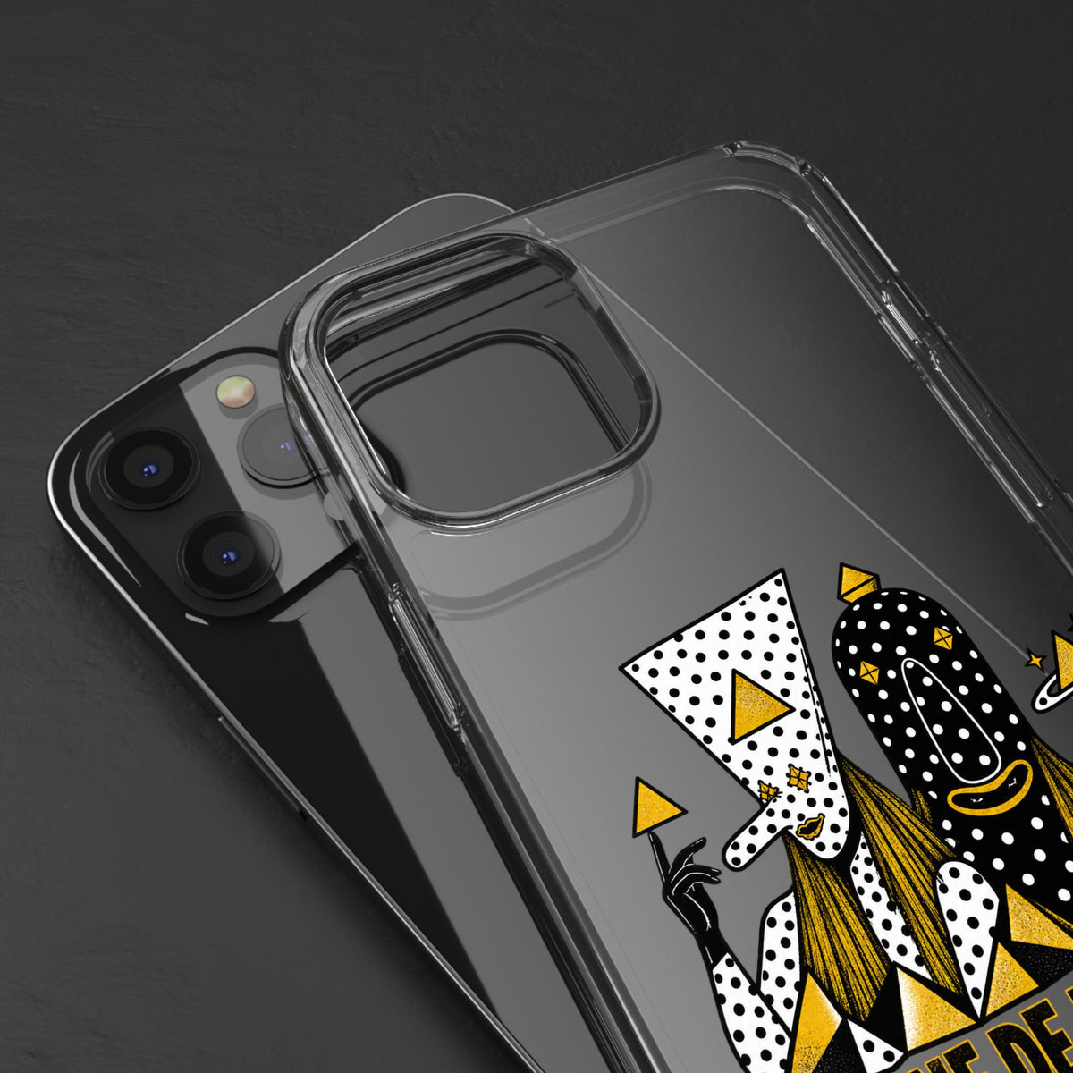 Clear Phone Case — Black & Gold Geometric Woman Design with "Angine de Poitrine" Text