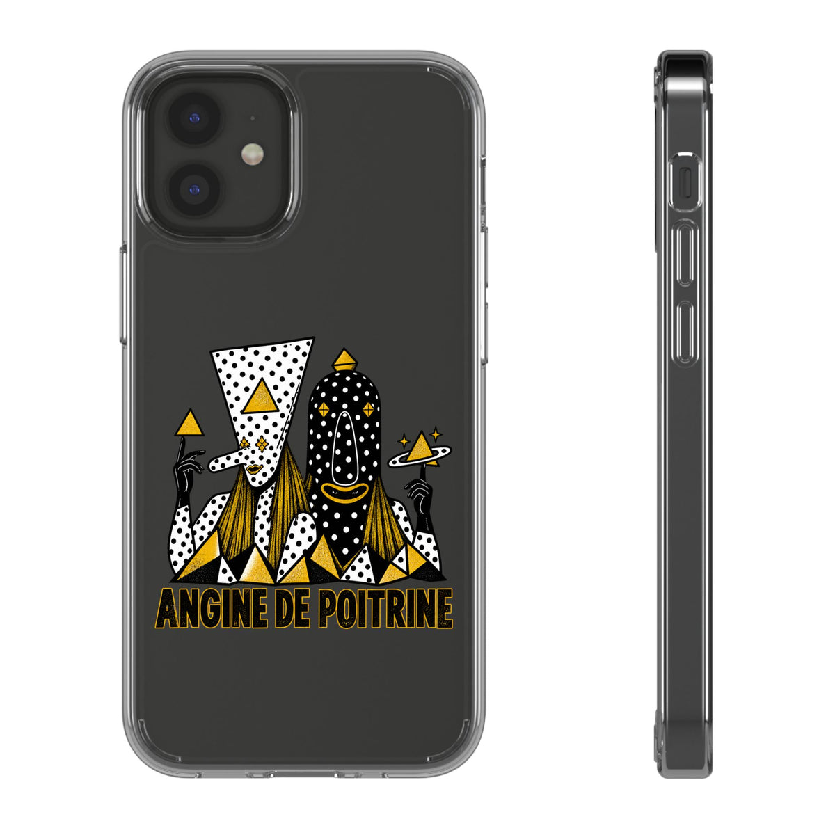 Clear Phone Case — Black & Gold Geometric Woman Design with "Angine de Poitrine" Text