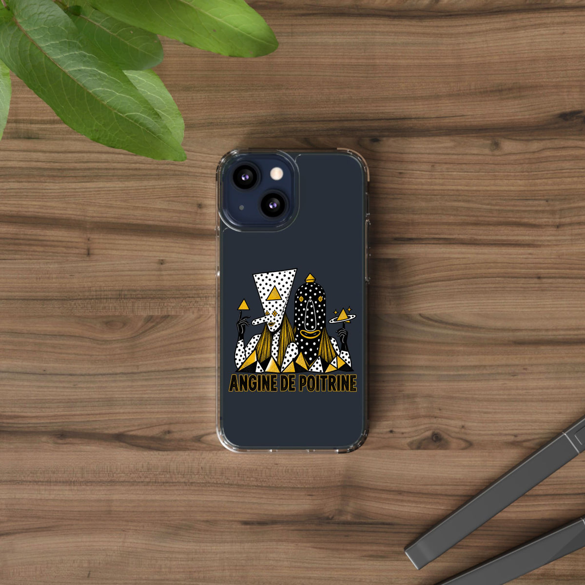 Clear Phone Case — Black & Gold Geometric Woman Design with "Angine de Poitrine" Text